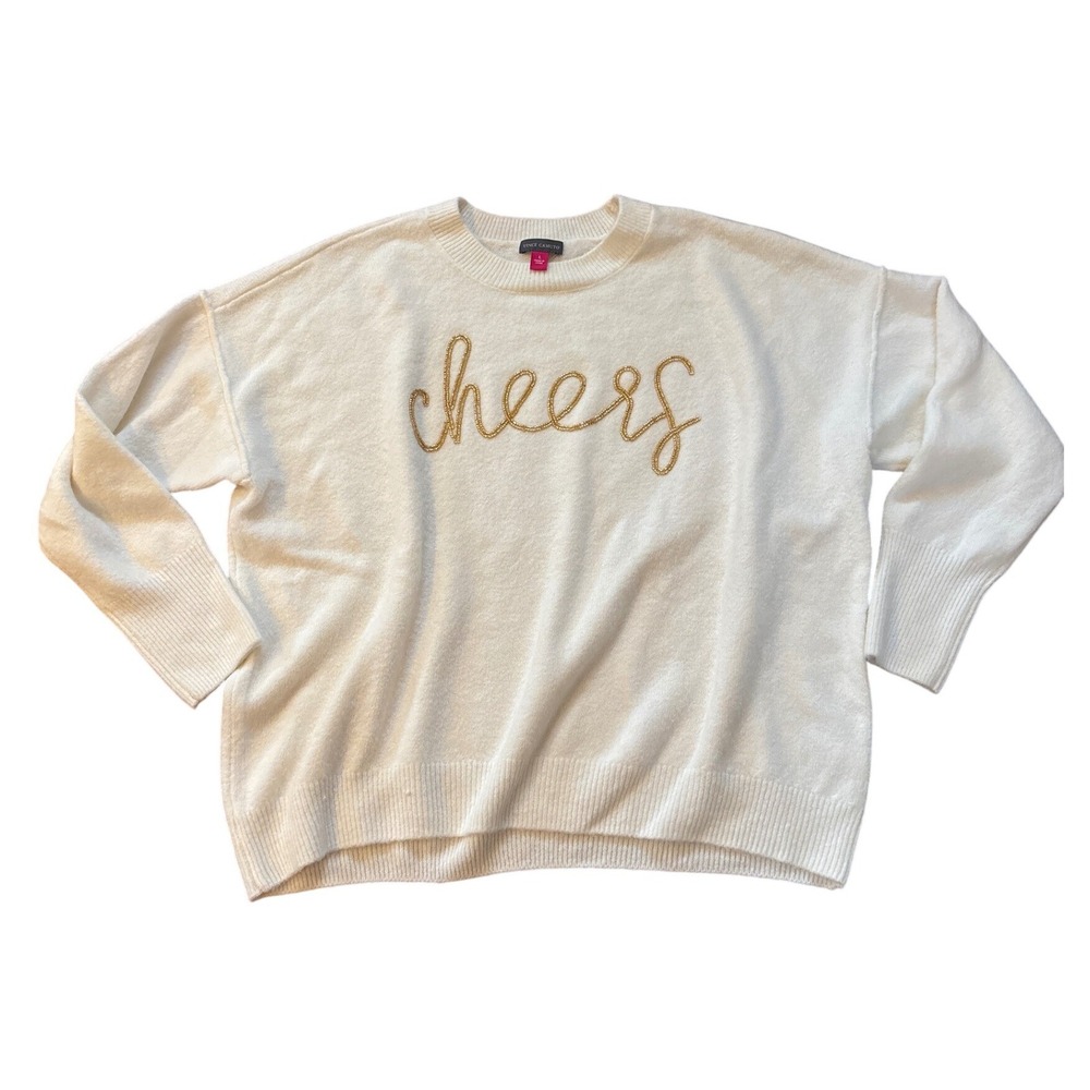 Vince Camuto‎ Sweater Womens White Cheers Beaded Festive Holiday SIZE L
